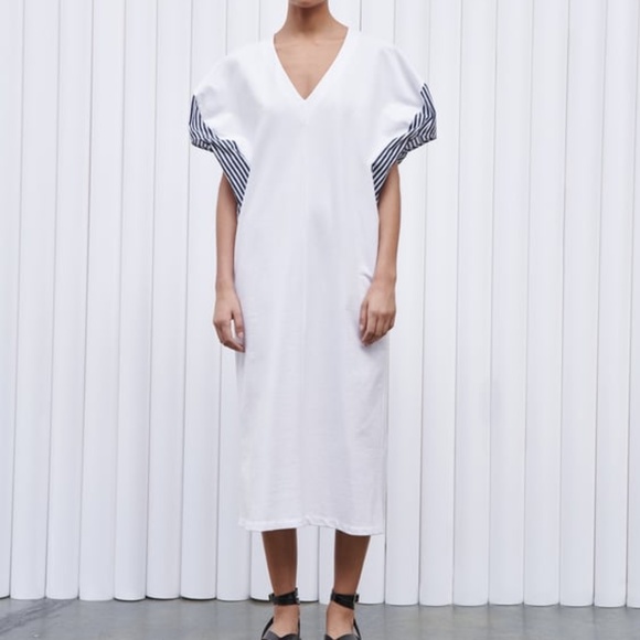 Zara Dresses Zara White Mid V Neck Dress Blue Striped Puff Sleeve